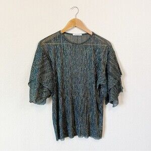 Zara Trafaluc Green Metallic Ruffle Short Sleeve Scoopneck Top Size Small